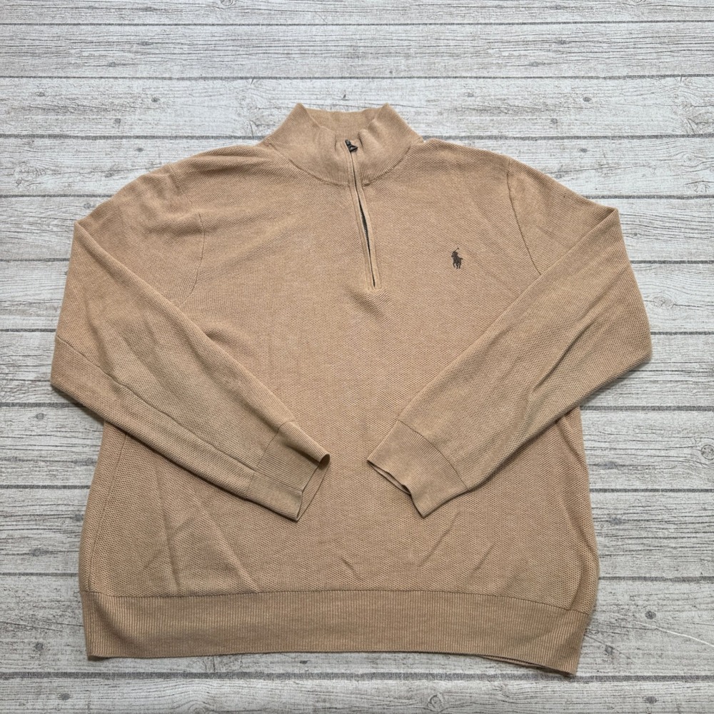 Polo Ralph Lauren Sweater Men's L Brown Waffle Knit Cotton Quarter Zip Pullover
